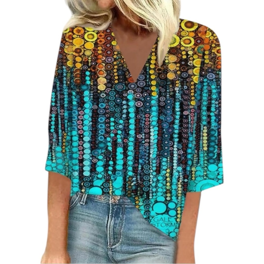 Misslook Size XL 3/4 Sleeve V-Neck Button Front Resort Wear Blouse Polyester
